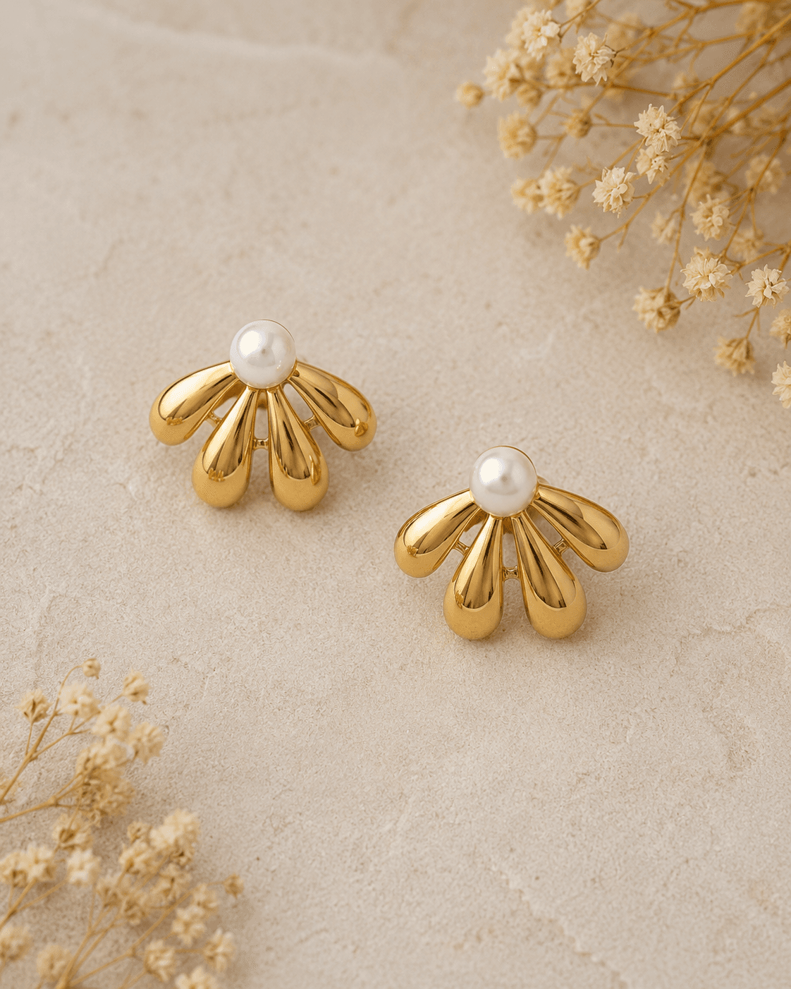 Gold-Tone Scallop Shell Pearl-Look Stud Earrings detail photo 2 at ShopKaar