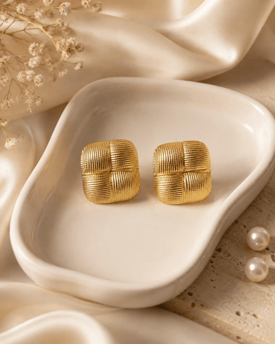 Gold-Tone Ribbed Square Dome Stud Earrings main product photo at ShopKaar