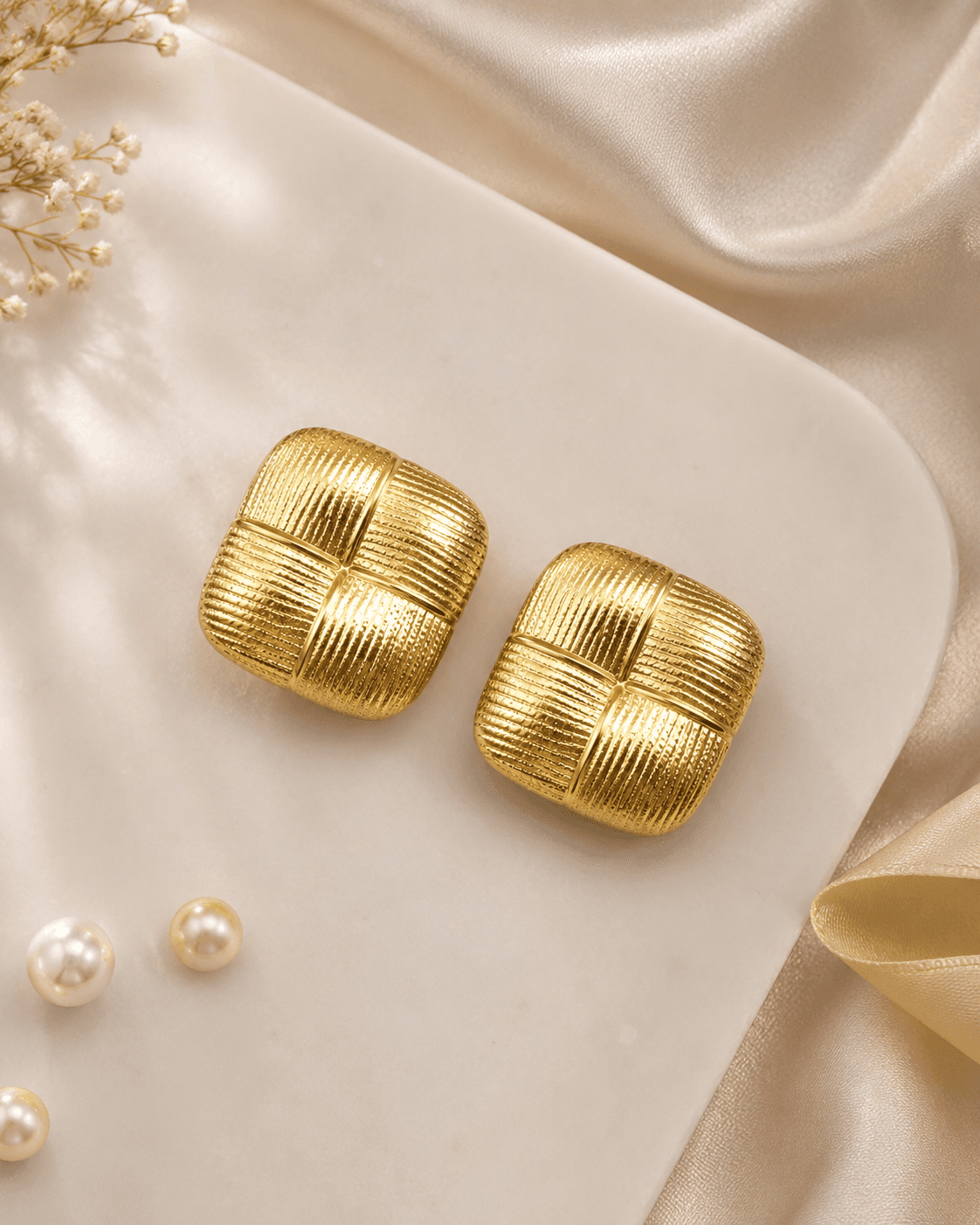 Gold-Tone Ribbed Square Dome Stud Earrings detail photo 2 at ShopKaar