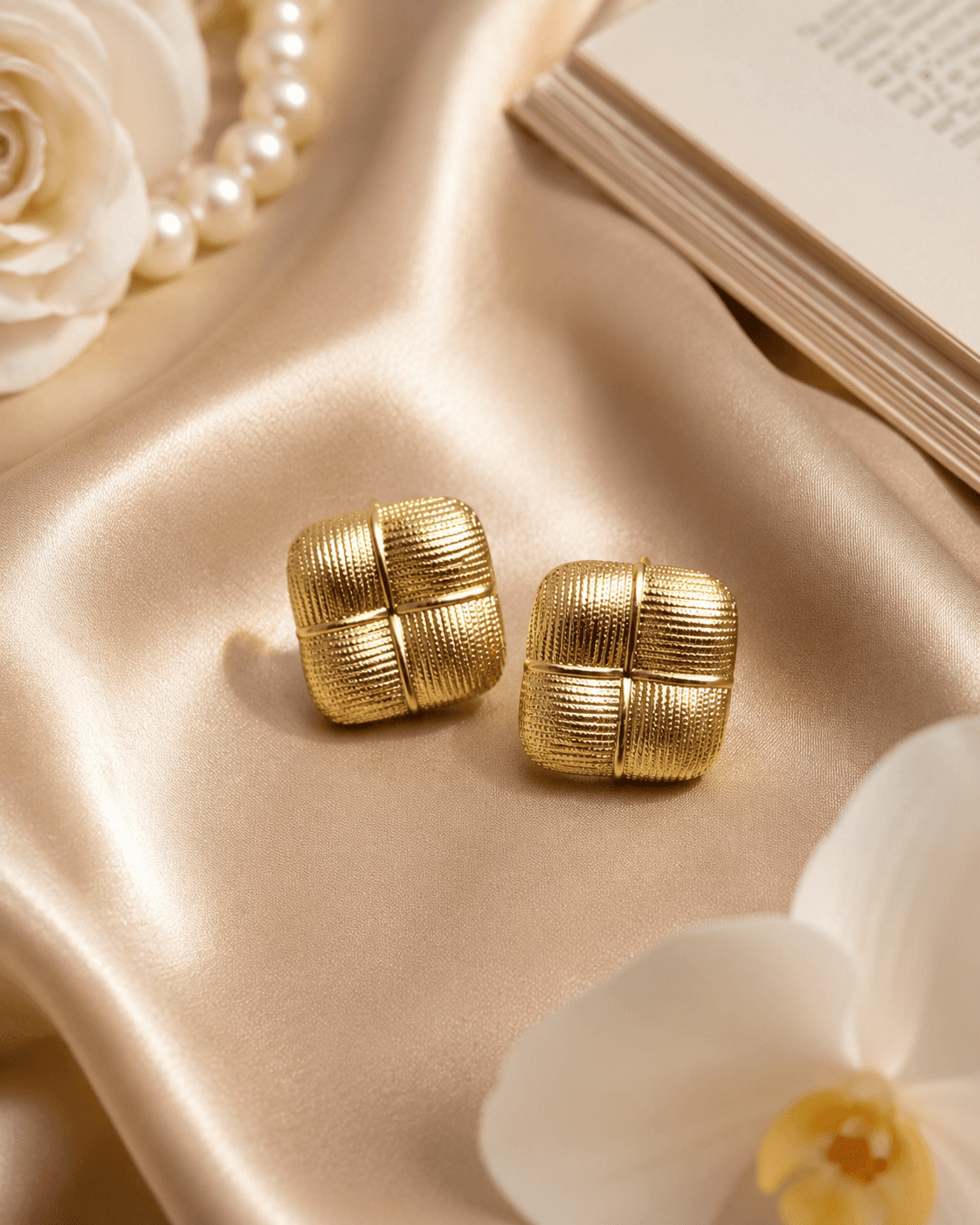 Gold-Tone Ribbed Square Dome Stud Earrings detail photo 4 at ShopKaar