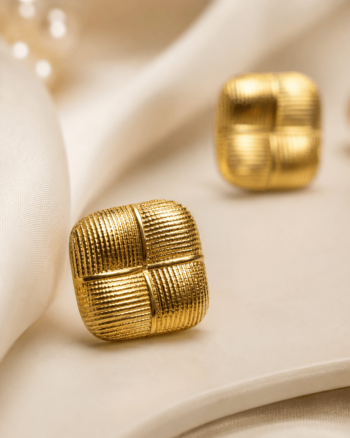 Gold-Tone Ribbed Square Dome Stud Earrings detail photo 5 at ShopKaar