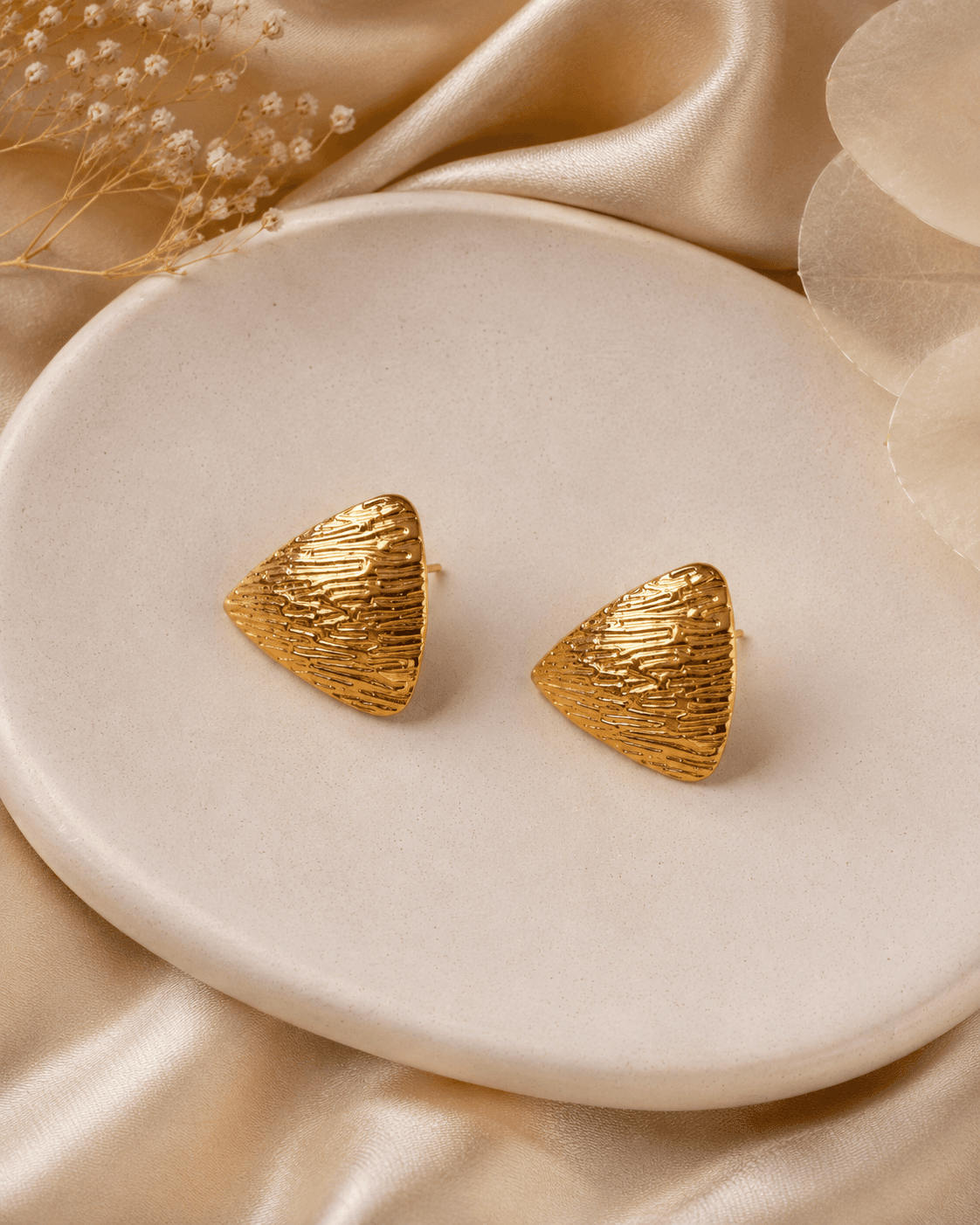 Gold-Tone Textured Triangle Stud Earrings detail photo 2 at ShopKaar