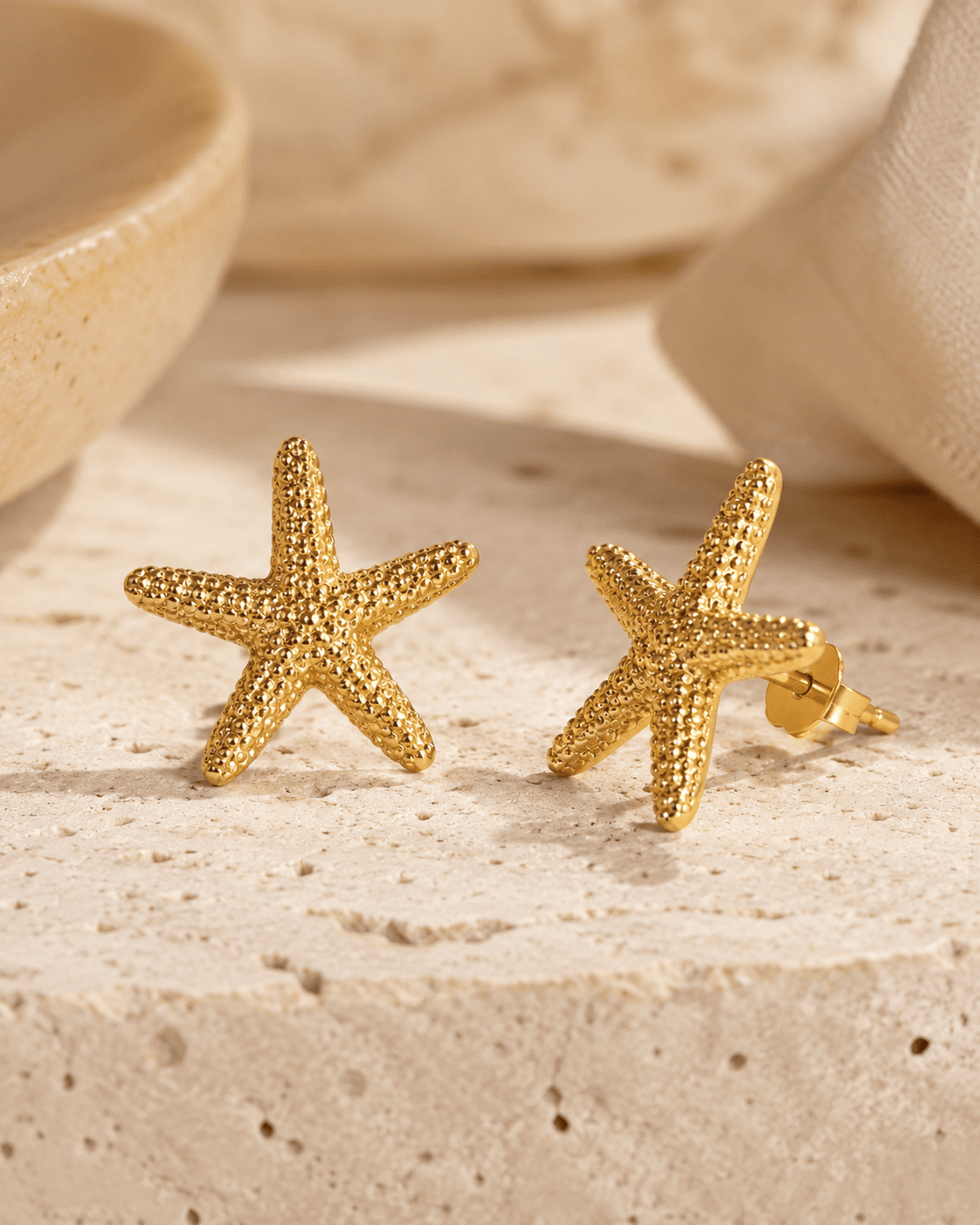 Gold-Tone Textured Starfish Stud Earrings detail photo 4 at ShopKaar