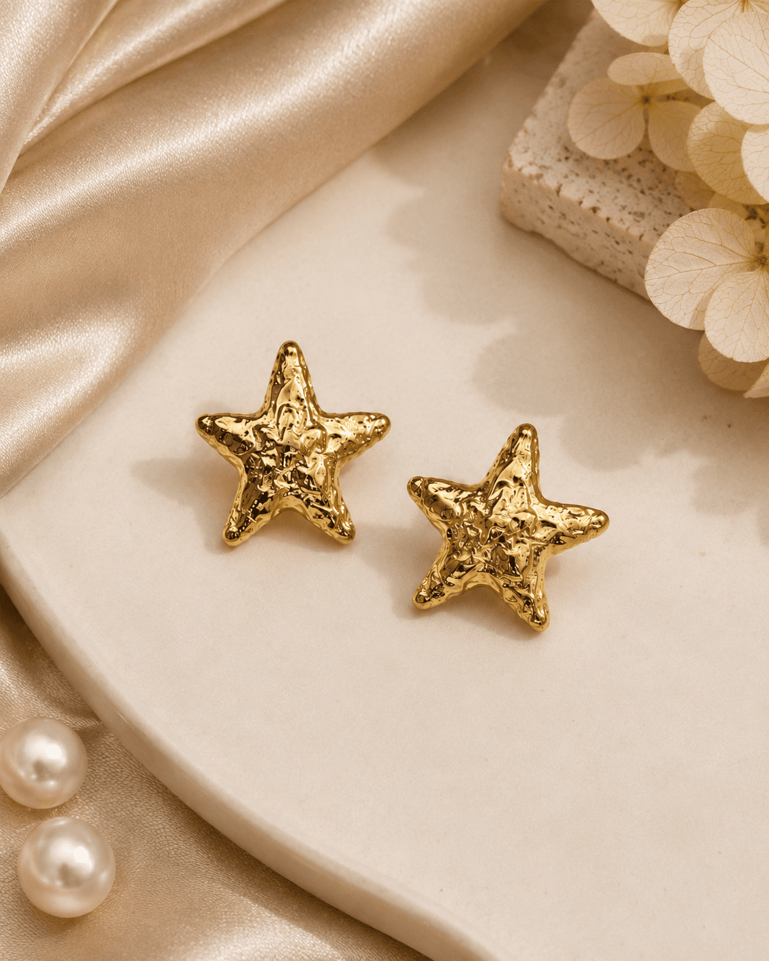 Gold-Tone Hammered Star Stud Earrings detail photo 2 at ShopKaar