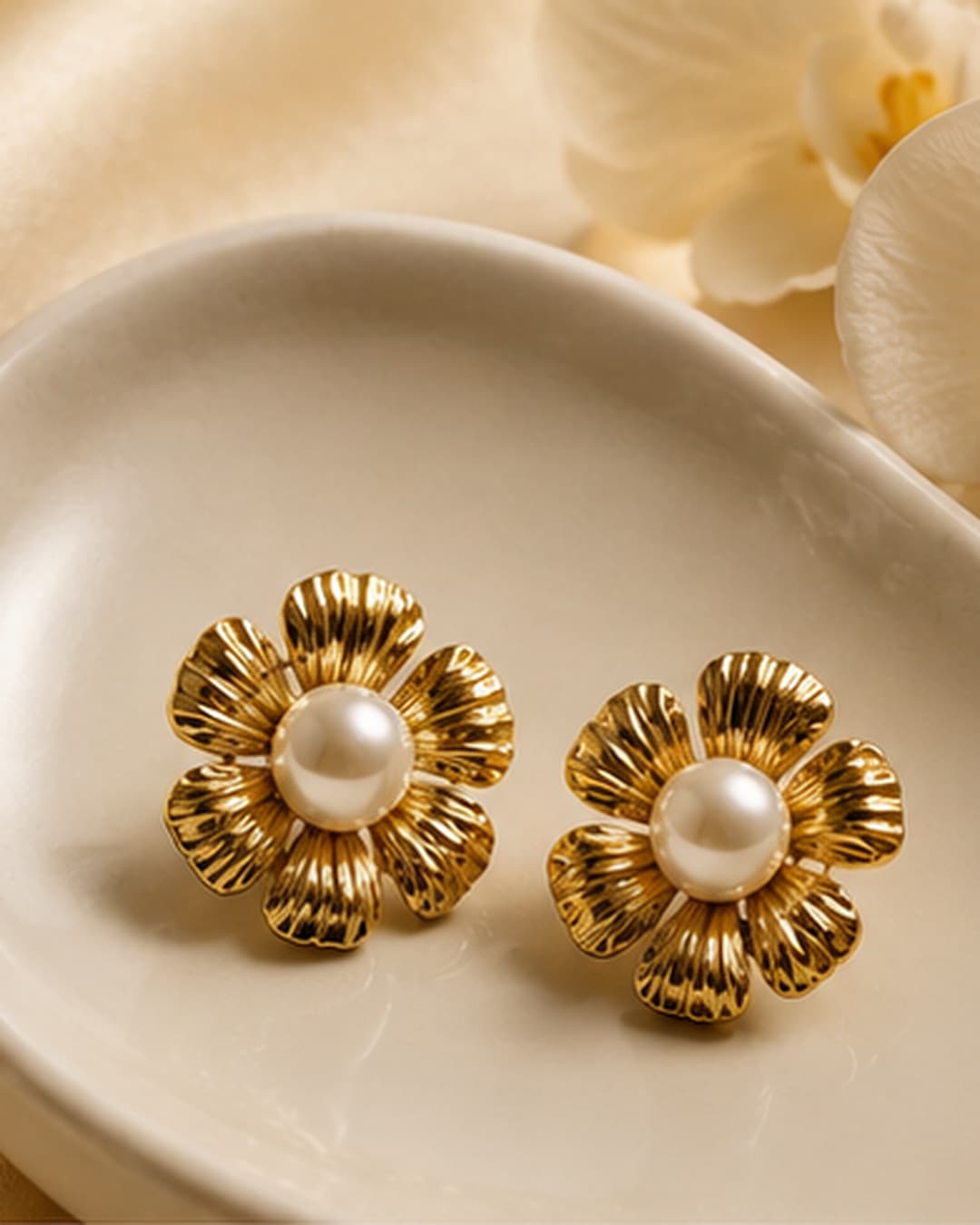 Gold-Tone Fluted Flower Pearl-Look Stud Earrings main product photo at ShopKaar