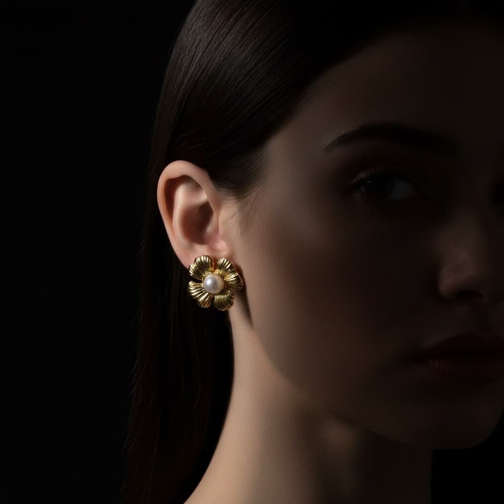 Gold-Tone Fluted Flower Pearl-Look Stud Earrings detail photo 2 at ShopKaar