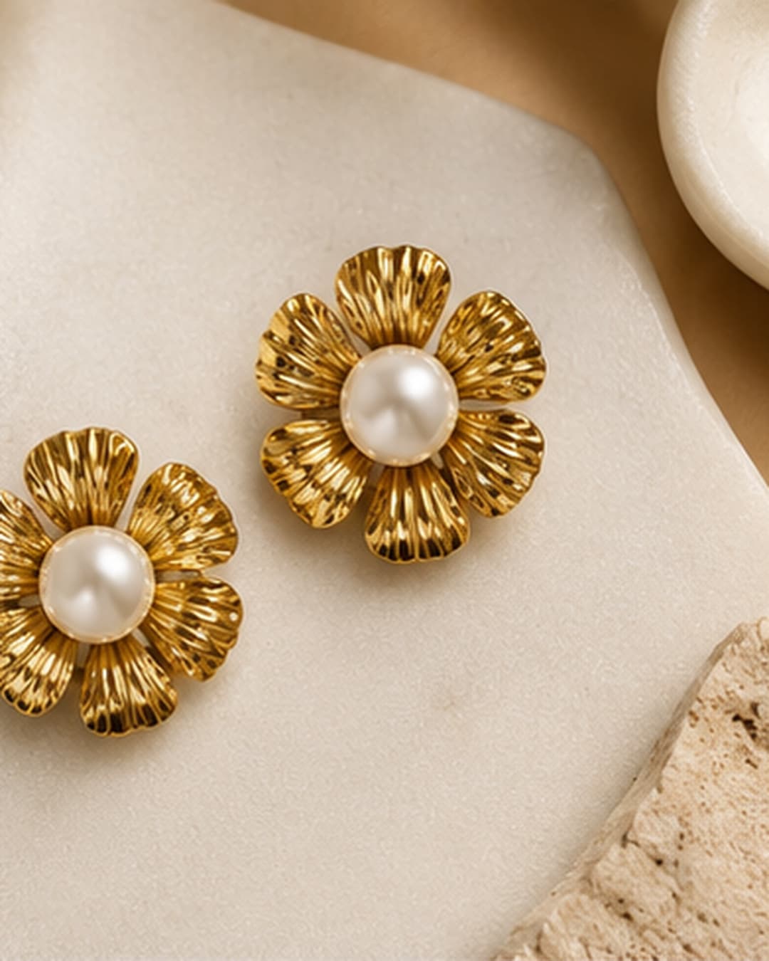 Gold-Tone Fluted Flower Pearl-Look Stud Earrings detail photo 3 at ShopKaar
