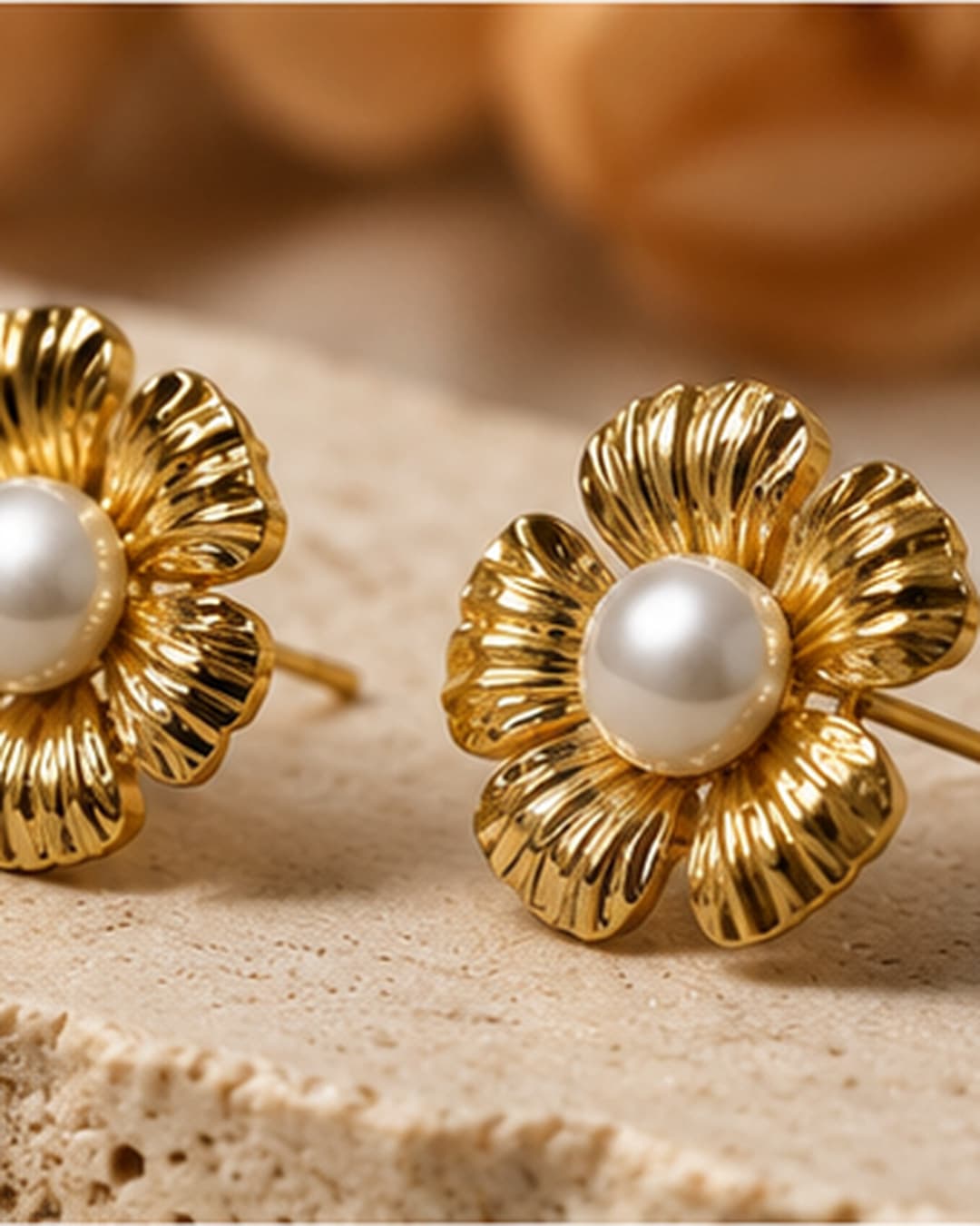 Gold-Tone Fluted Flower Pearl-Look Stud Earrings detail photo 5 at ShopKaar
