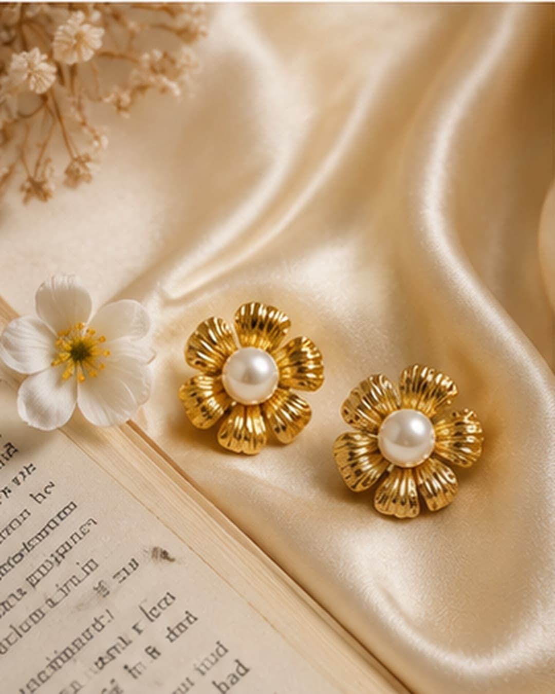 Gold-Tone Fluted Flower Pearl-Look Stud Earrings detail photo 6 at ShopKaar
