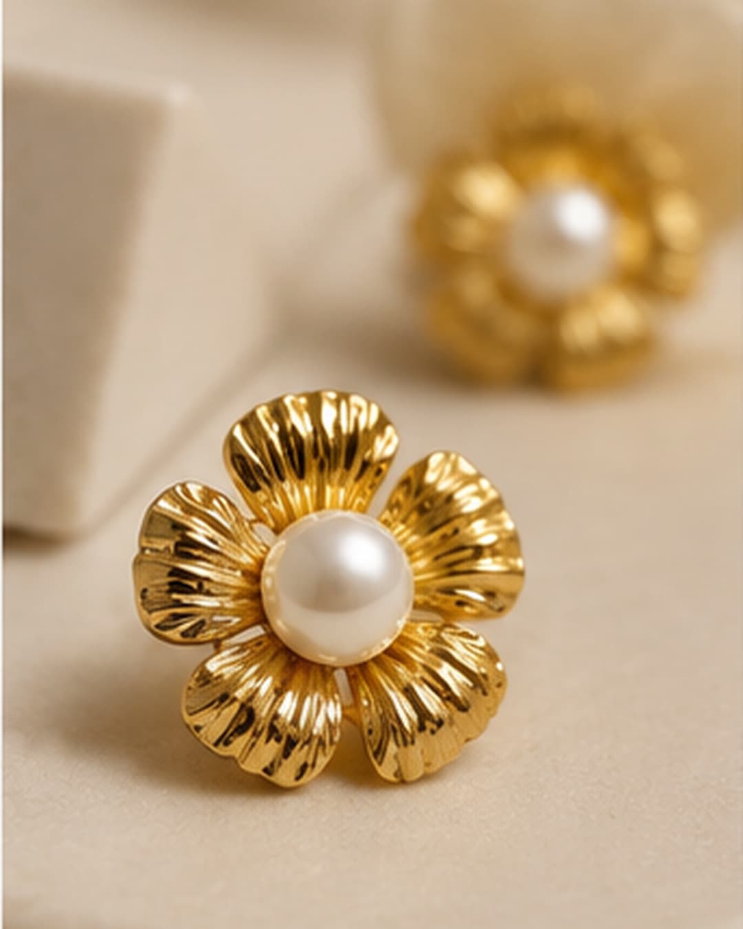 Gold-Tone Fluted Flower Pearl-Look Stud Earrings detail photo 7 at ShopKaar