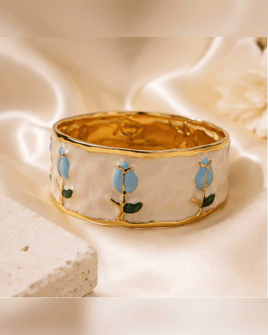 Gold-Tone Blue Tulip Enamel Wide Cuff Bracelet main product photo at ShopKaar