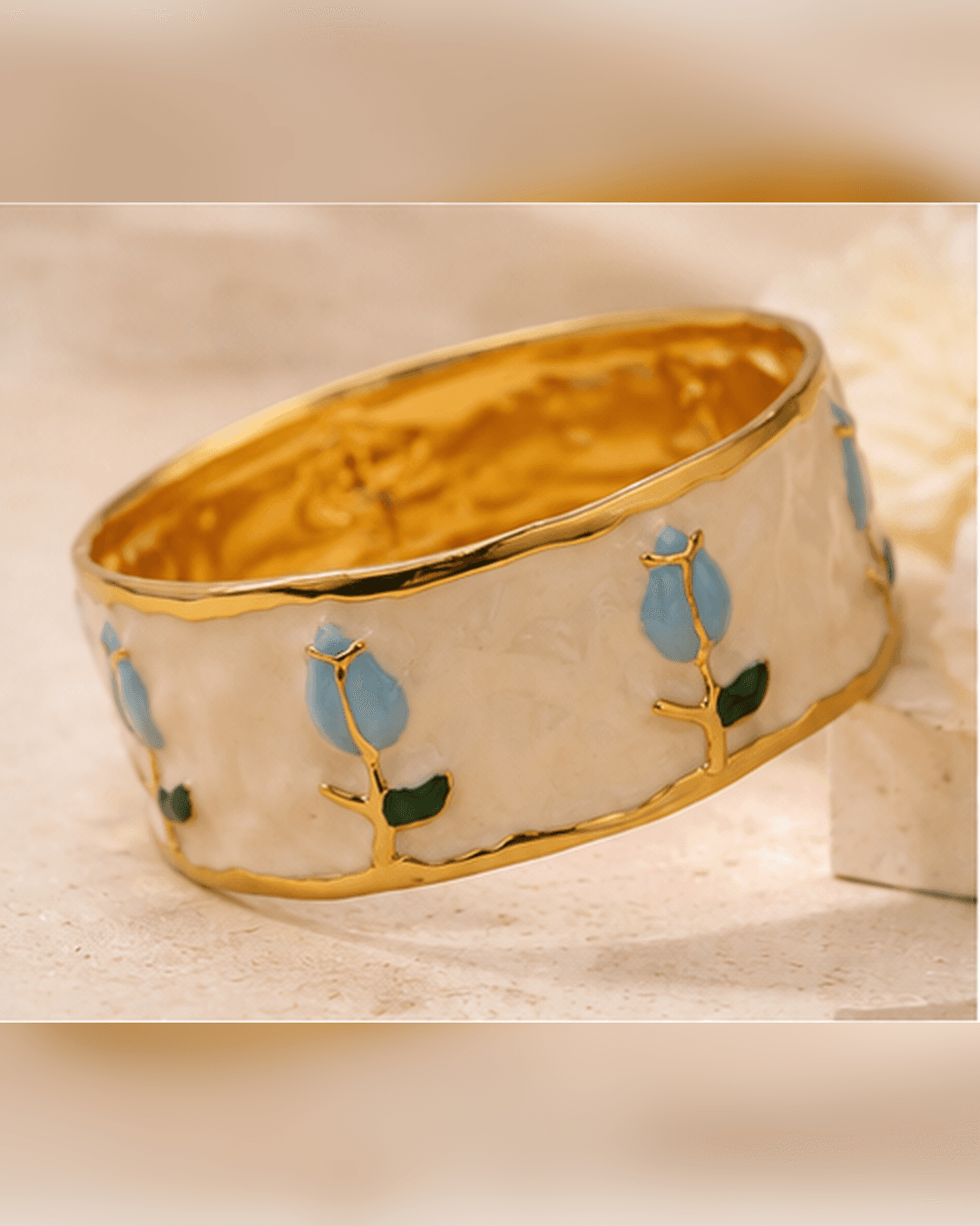 Gold-Tone Blue Tulip Enamel Wide Cuff Bracelet side view at ShopKaar