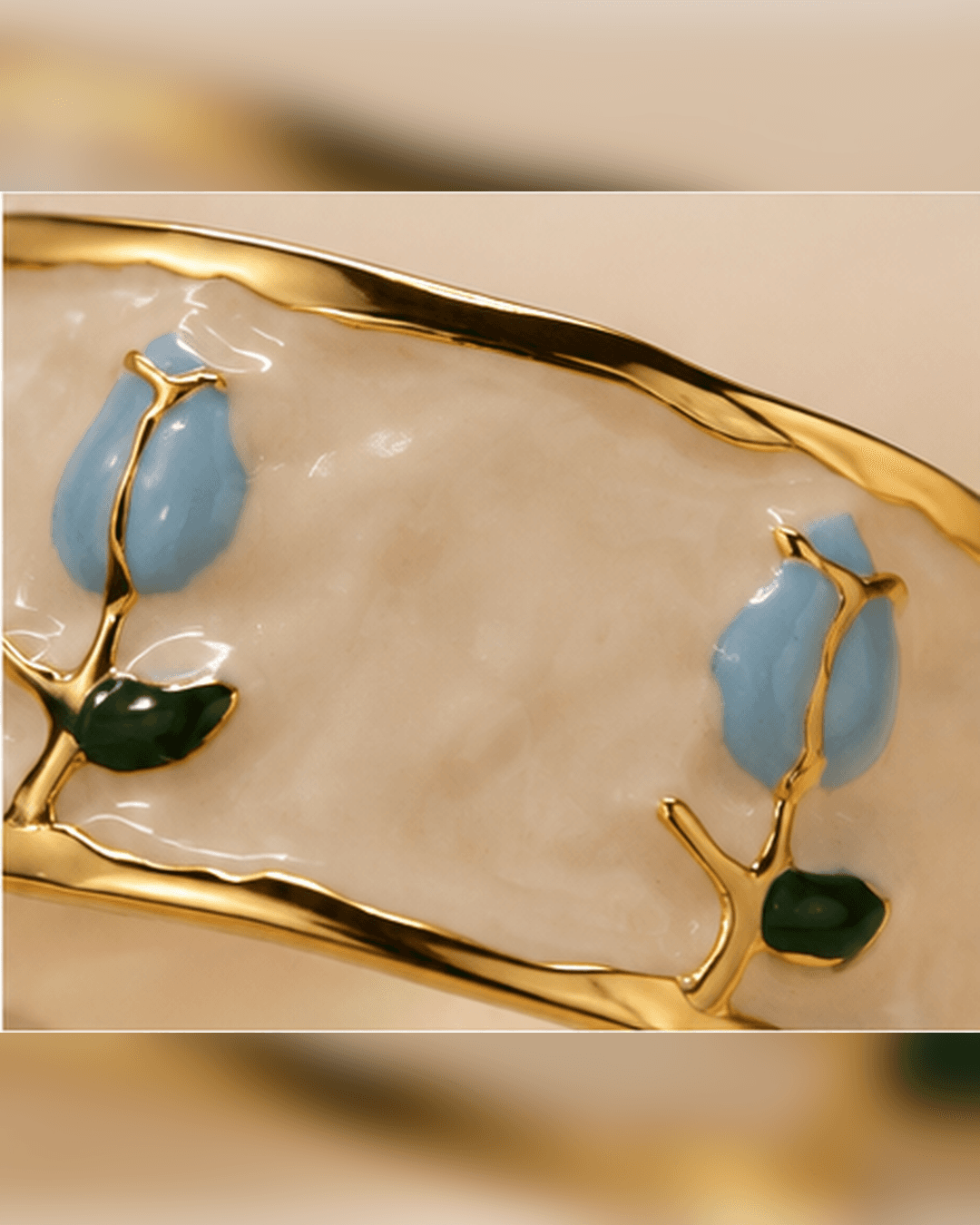 Gold-Tone Blue Tulip Enamel Wide Cuff Bracelet detail view at ShopKaar