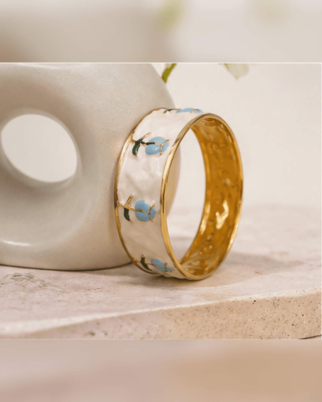 Gold-Tone Blue Tulip Enamel Wide Cuff Bracelet detail photo 4 at ShopKaar