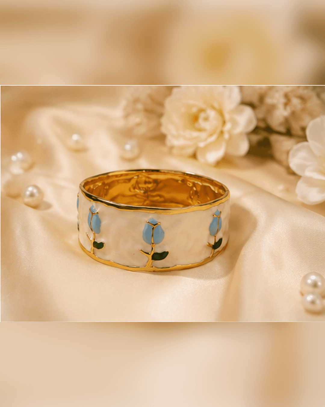 Gold-Tone Blue Tulip Enamel Wide Cuff Bracelet worn view at ShopKaar