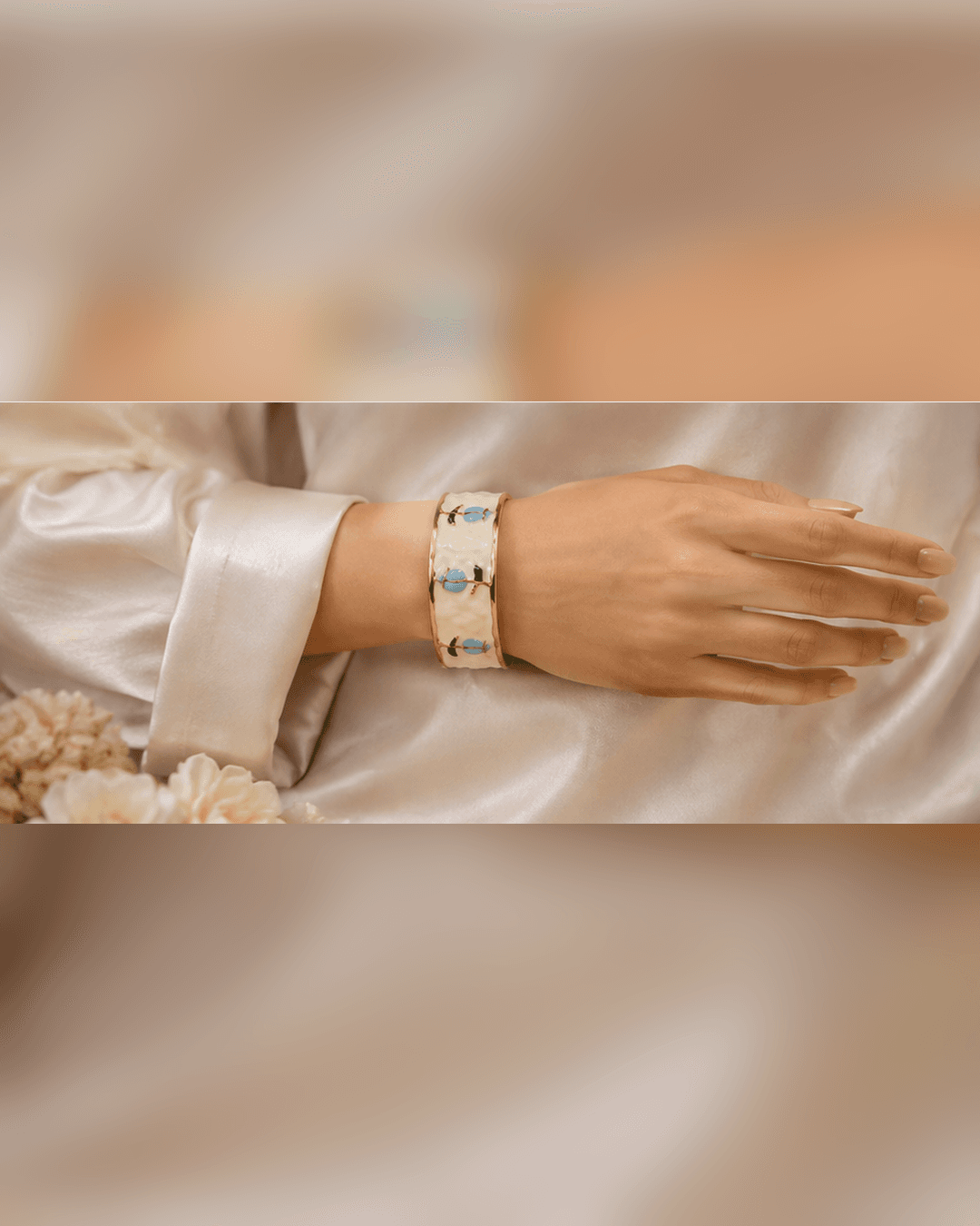 Gold-Tone Blue Tulip Enamel Wide Cuff Bracelet worn view at ShopKaar