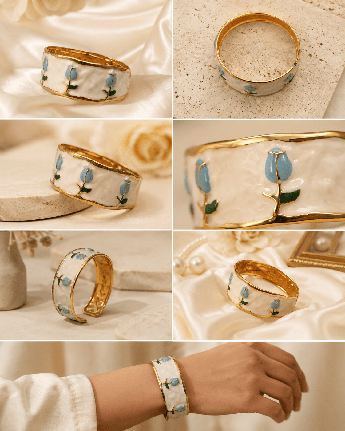 Gold-Tone Blue Tulip Enamel Wide Cuff Bracelet gallery overview at ShopKaar