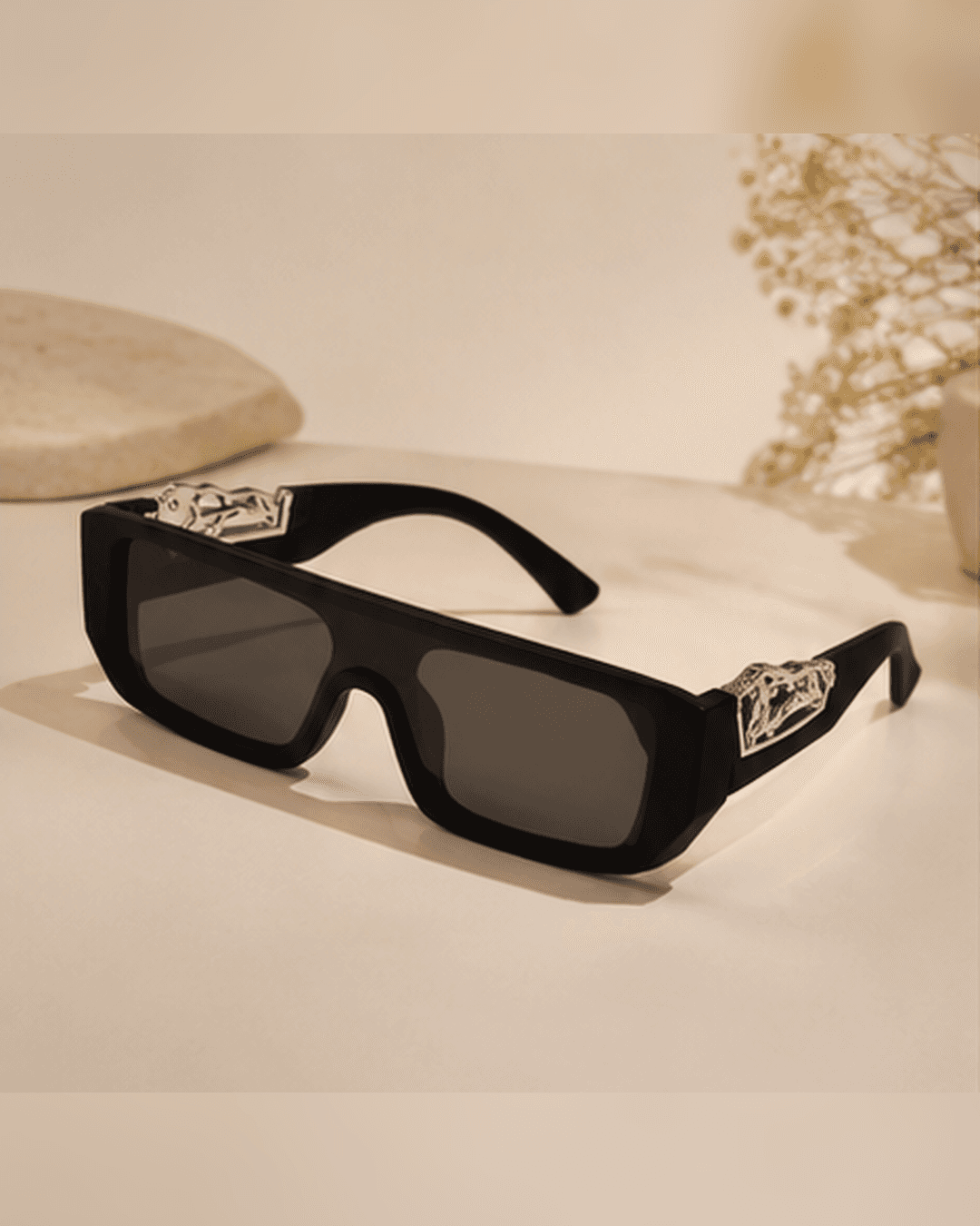 Black Narrow Rectangle Silver Wing-Temple Sunglasses main product photo at ShopKaar