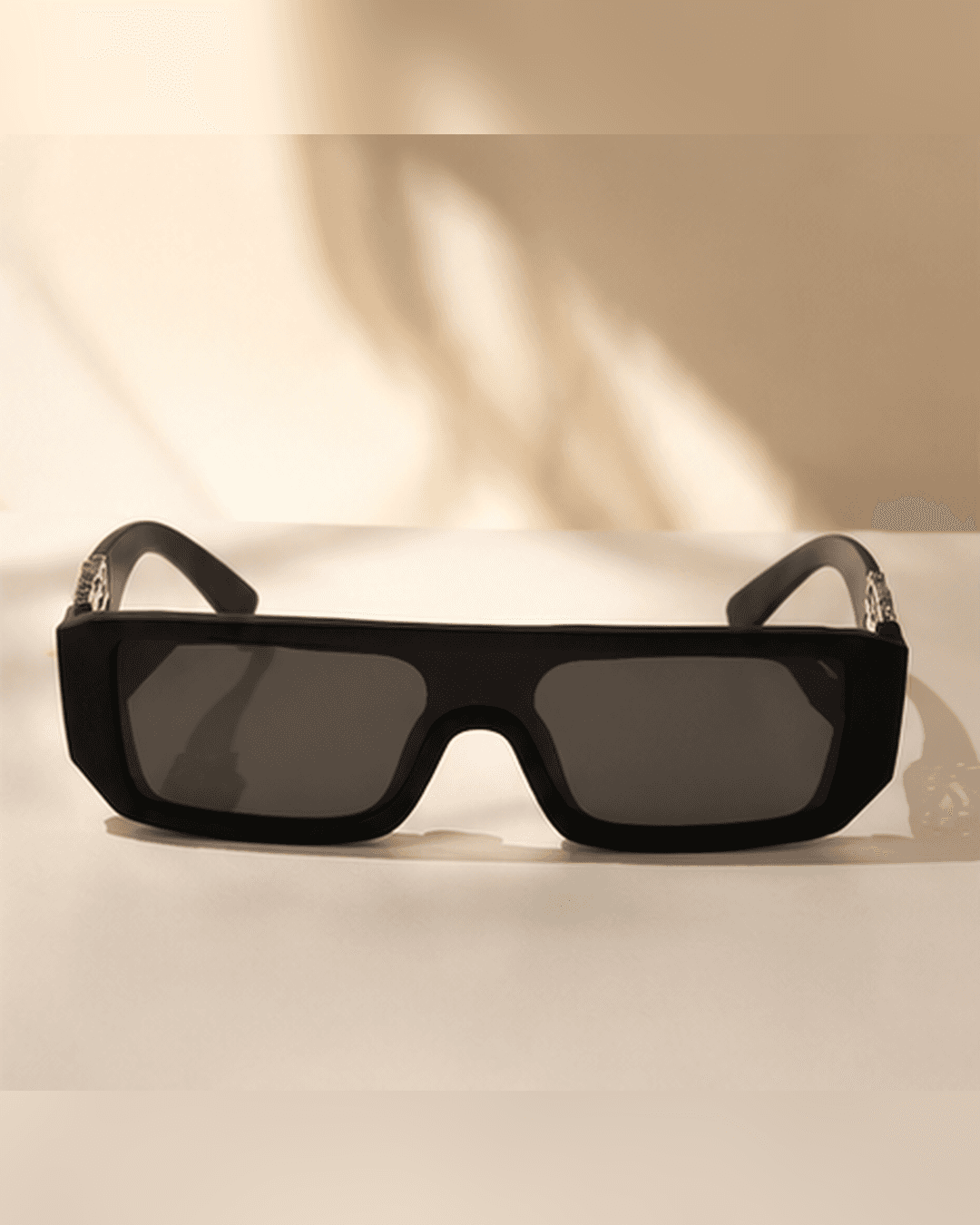 Black Narrow Rectangle Silver Wing-Temple Sunglasses detail photo 2 at ShopKaar