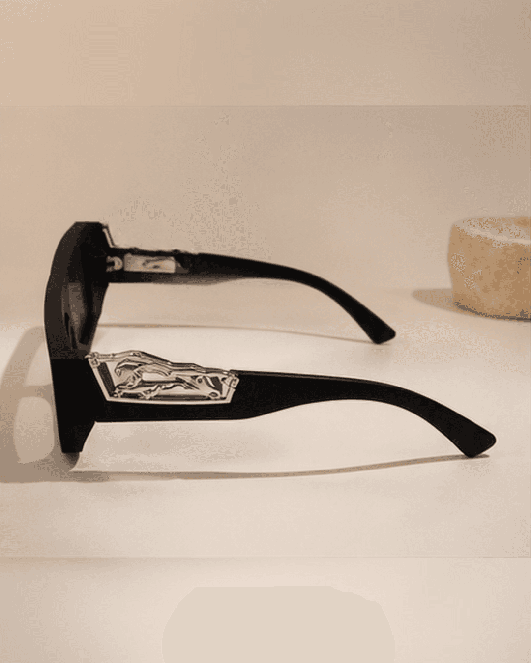 Black Narrow Rectangle Silver Wing-Temple Sunglasses detail photo 3 at ShopKaar