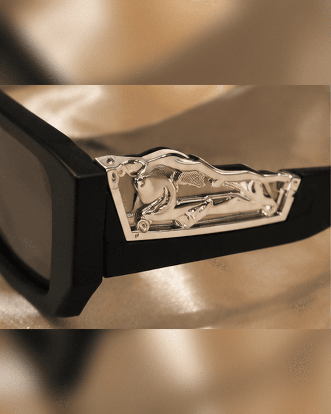 Black Narrow Rectangle Silver Wing-Temple Sunglasses detail photo 5 at ShopKaar