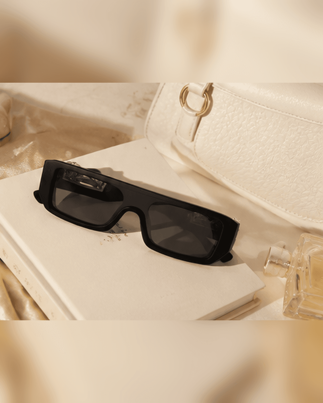 Black Narrow Rectangle Silver Wing-Temple Sunglasses detail photo 6 at ShopKaar