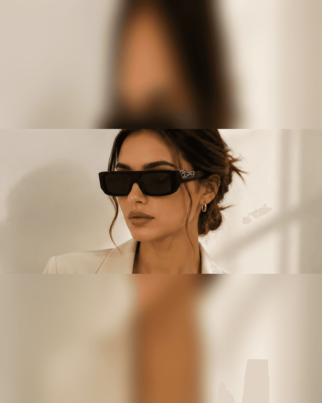Black Narrow Rectangle Silver Wing-Temple Sunglasses detail photo 7 at ShopKaar
