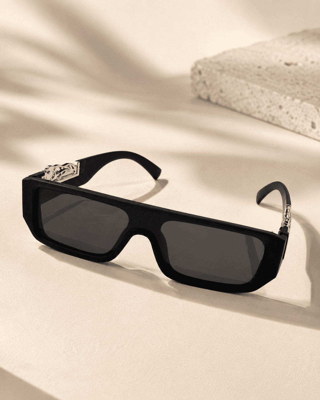 Black Narrow Rectangle Silver Geometric-Temple Sunglasses main product photo at ShopKaar