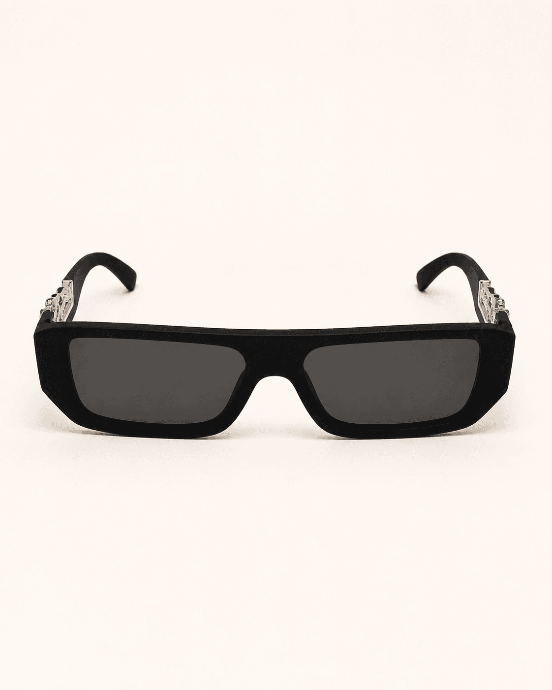 Black Narrow Rectangle Silver Geometric-Temple Sunglasses detail photo 2 at ShopKaar