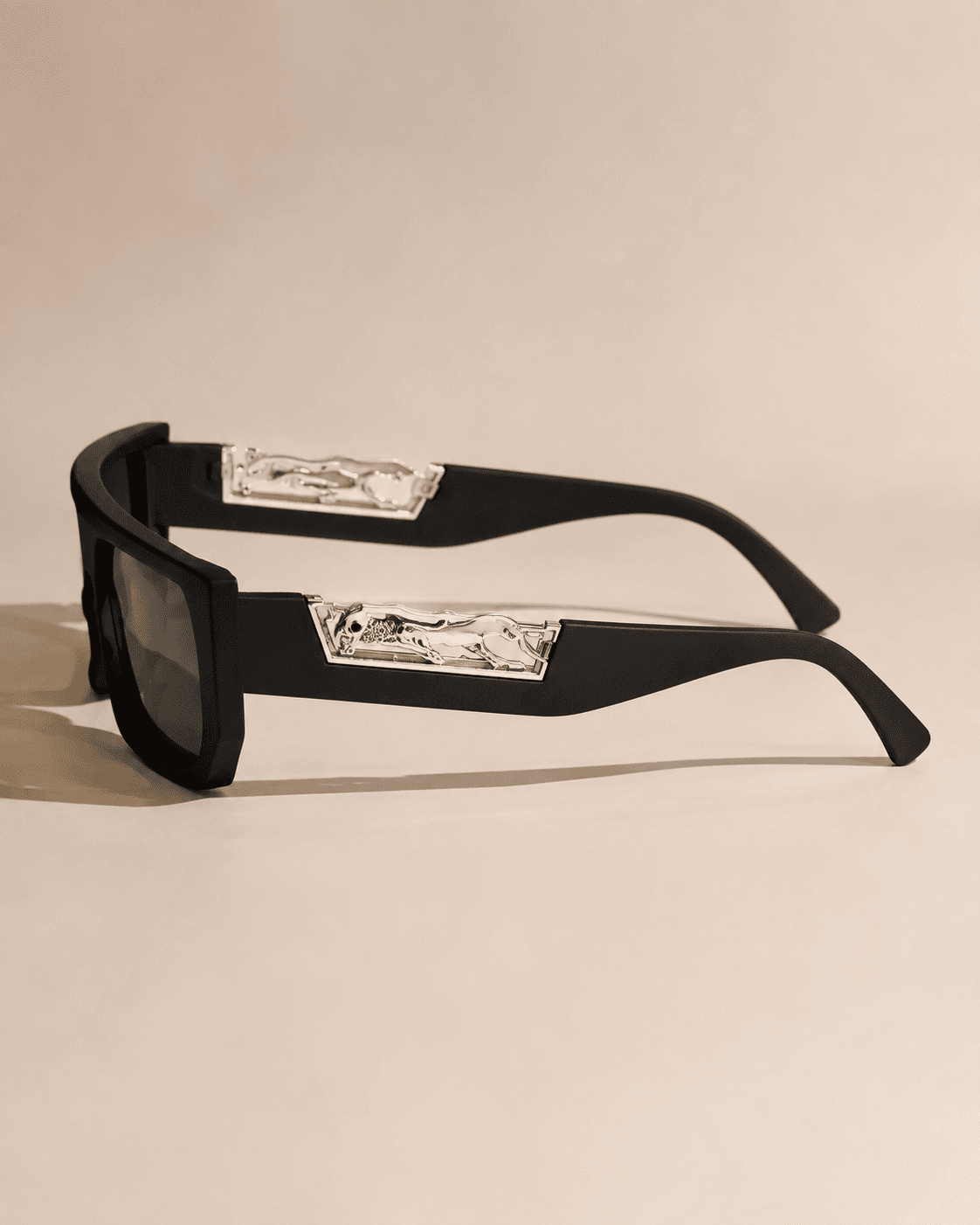 Black Narrow Rectangle Silver Geometric-Temple Sunglasses detail photo 3 at ShopKaar