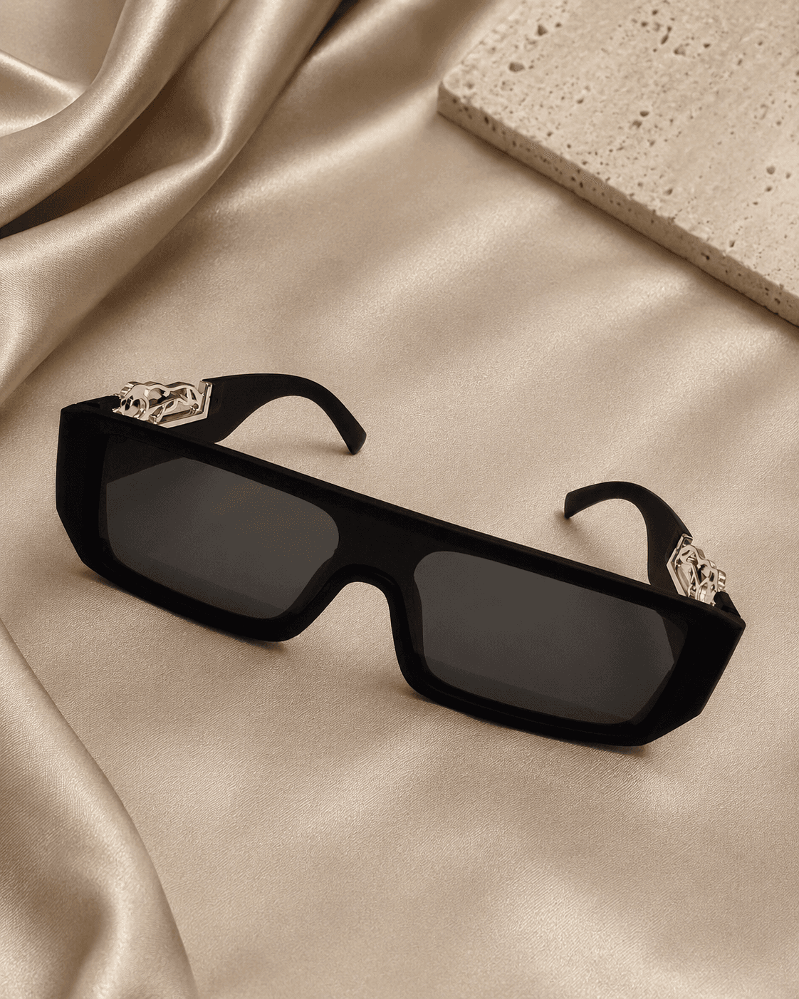 Black Narrow Rectangle Silver Geometric-Temple Sunglasses detail photo 4 at ShopKaar