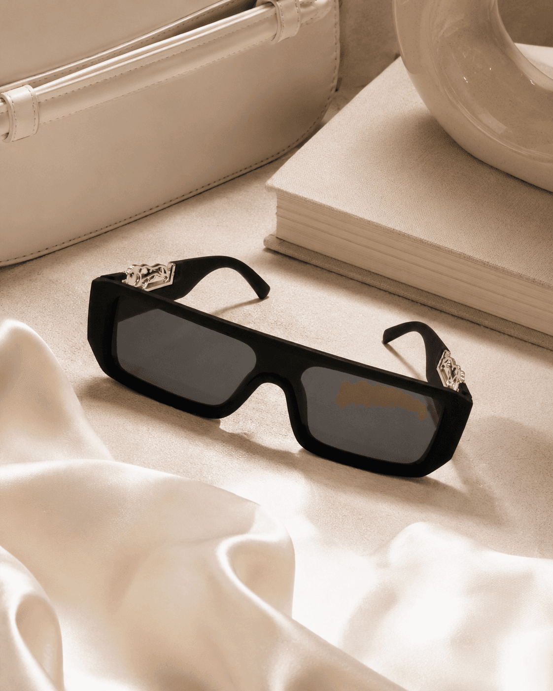 Black Narrow Rectangle Silver Geometric-Temple Sunglasses detail photo 6 at ShopKaar