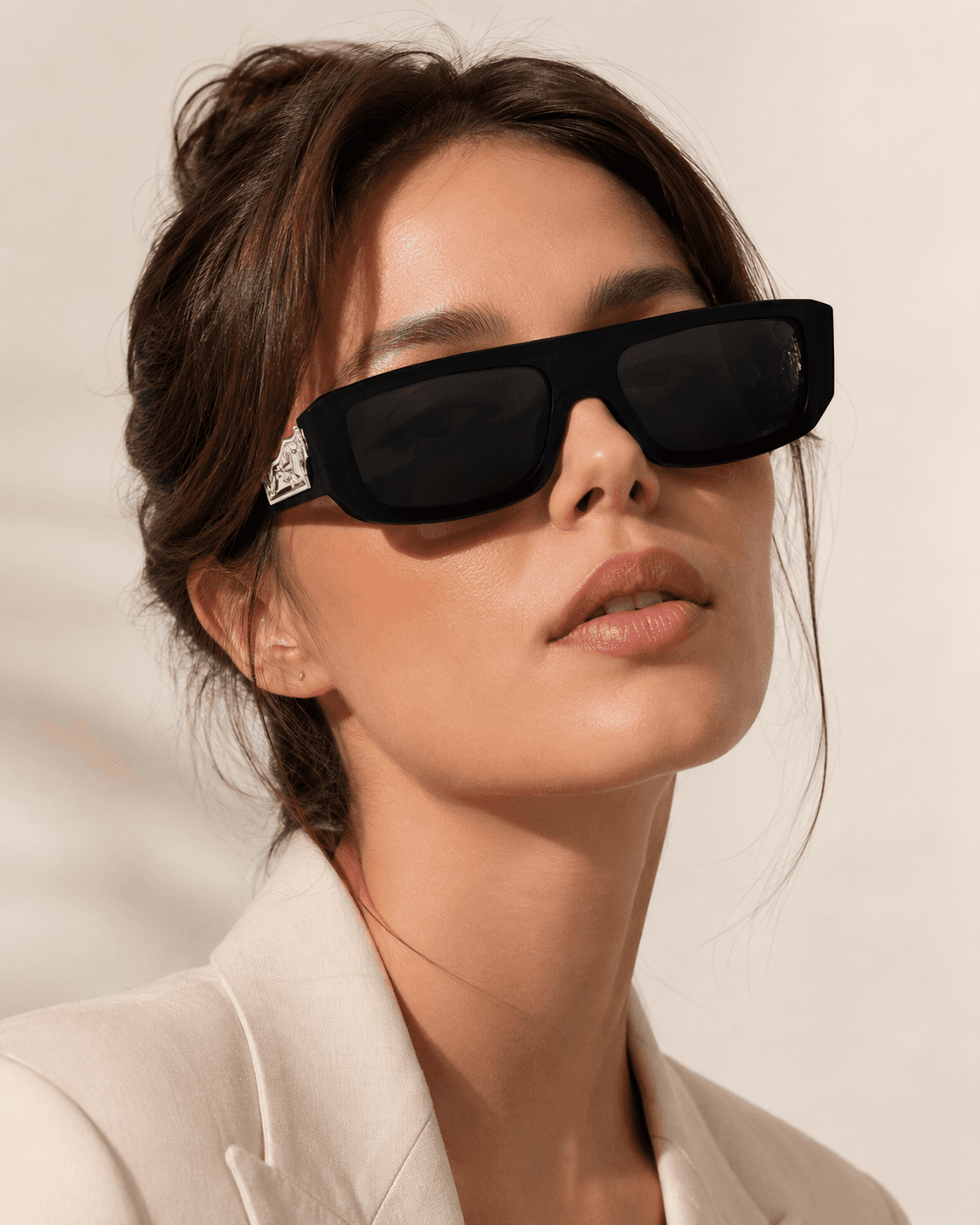 Black Narrow Rectangle Silver Geometric-Temple Sunglasses detail photo 7 at ShopKaar