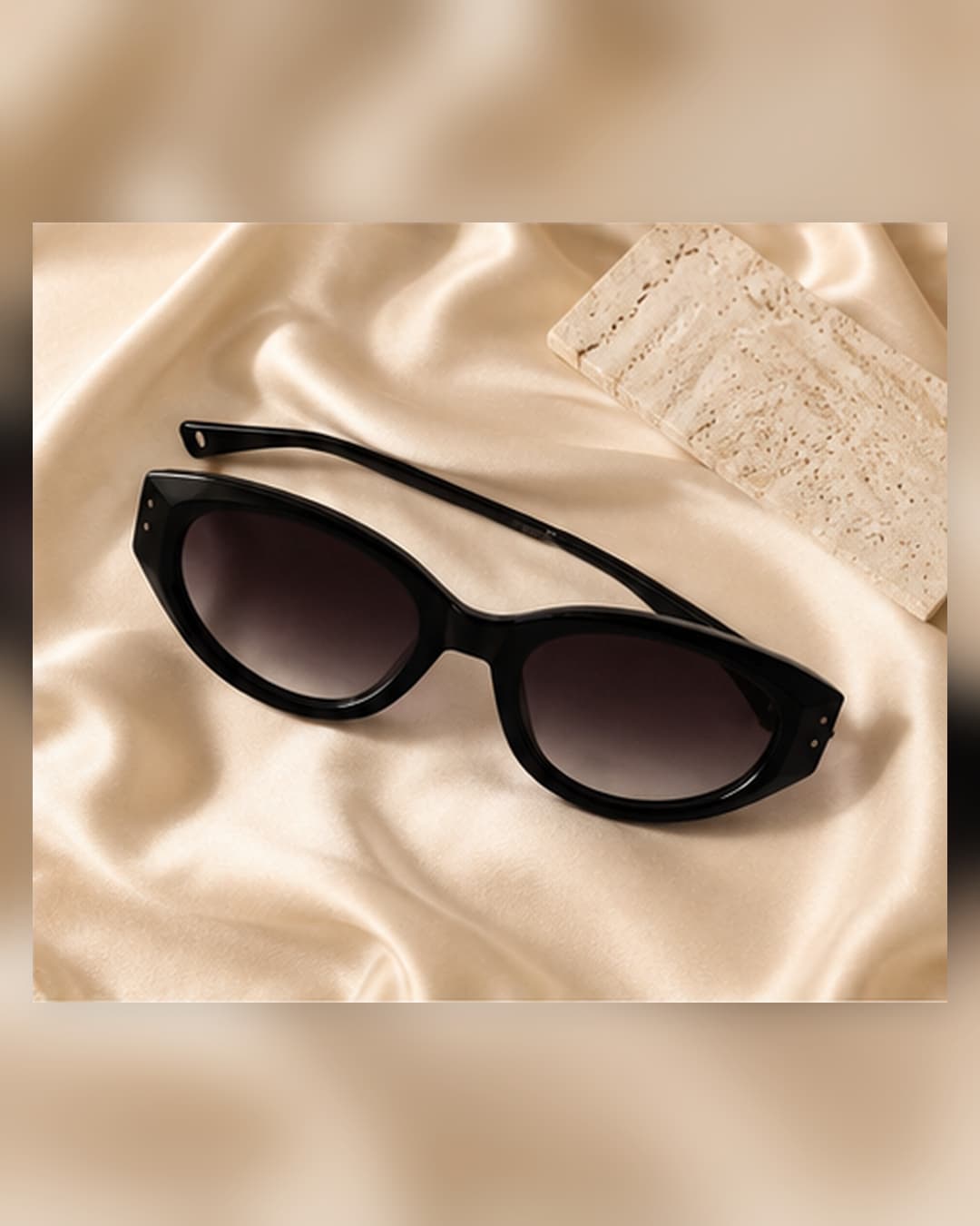 Black Oval Purple Gradient Gold Disc-Temple Sunglasses flat lay at ShopKaar