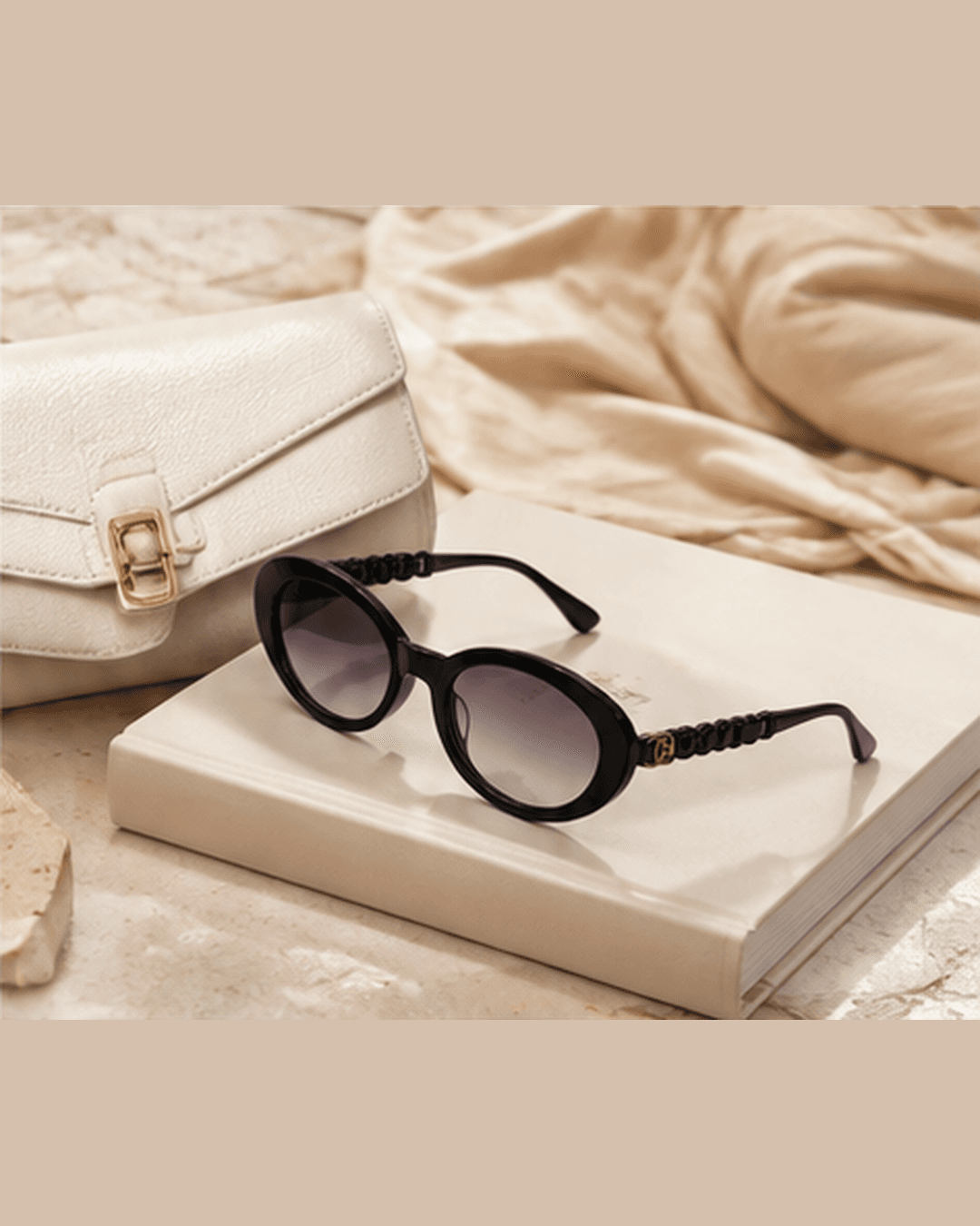 Black Oval Purple Gradient Chain-Temple Sunglasses worn view at ShopKaar