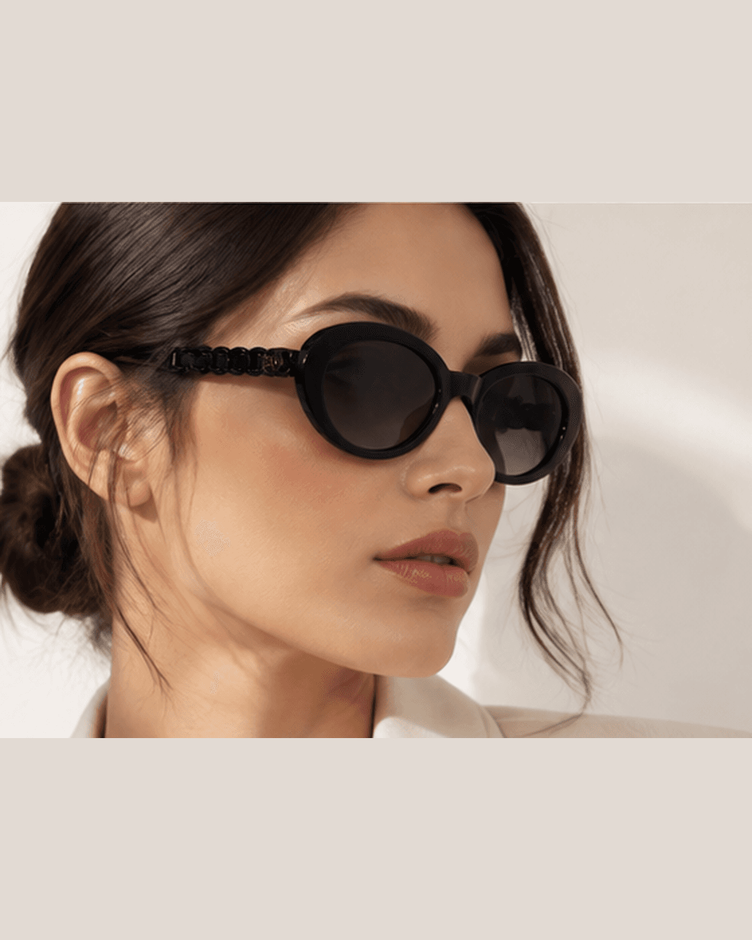 Black Oval Purple Gradient Chain-Temple Sunglasses worn view at ShopKaar